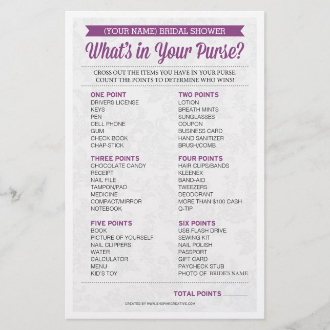 Bridal Shower Game / Personalized / Purse Raid (Front)