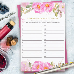 Bridal Shower Game Pink Floral Answer Card