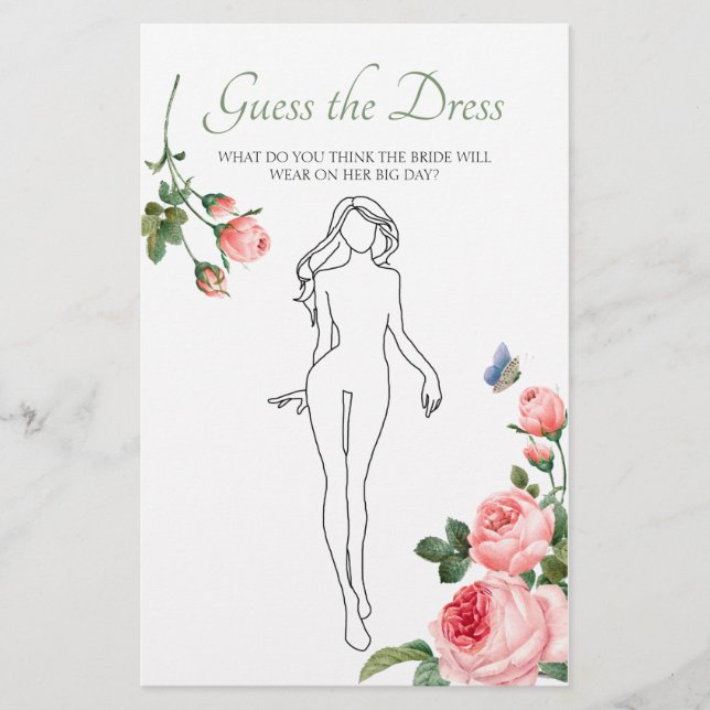 Bridal Shower Game Pink Roses Guess the Dress Card Flyer (Front)