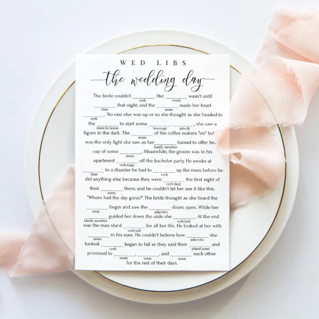 Bridal shower game "The Wedding Day" wed libs card
