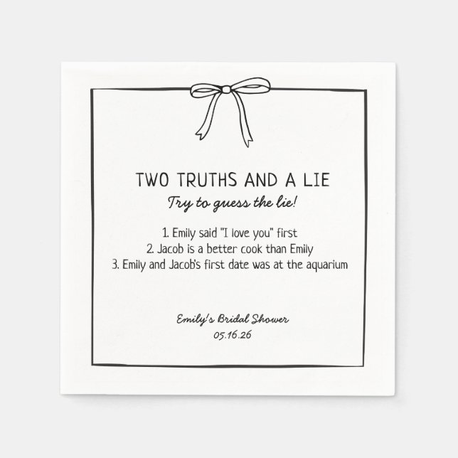 Bridal Shower Game "Two Truths and a Lie" Fun Fact Napkins (Front)