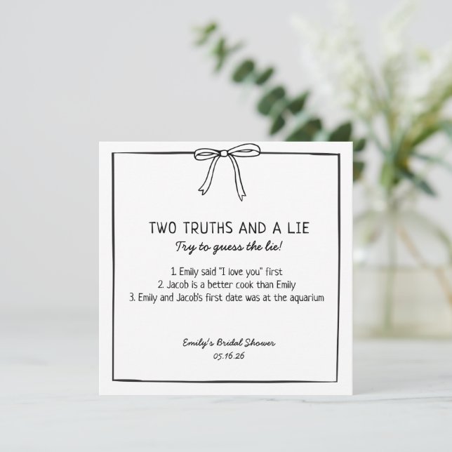 Bridal Shower Game "Two Truths and a Lie" Fun Fact Note Card (Standing Front)