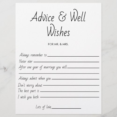 Bridal Shower Game Wedding Advice  Well Wishes Flyer