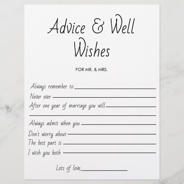 Bridal Shower Game Wedding Advice & Well Wishes Flyer (Front)