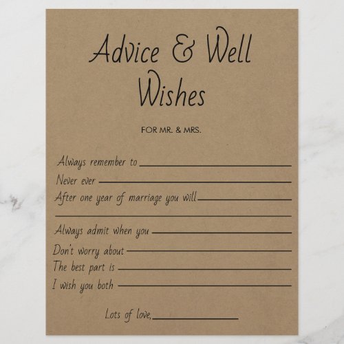 Bridal Shower Game Wedding Advice  Well Wishes Flyer