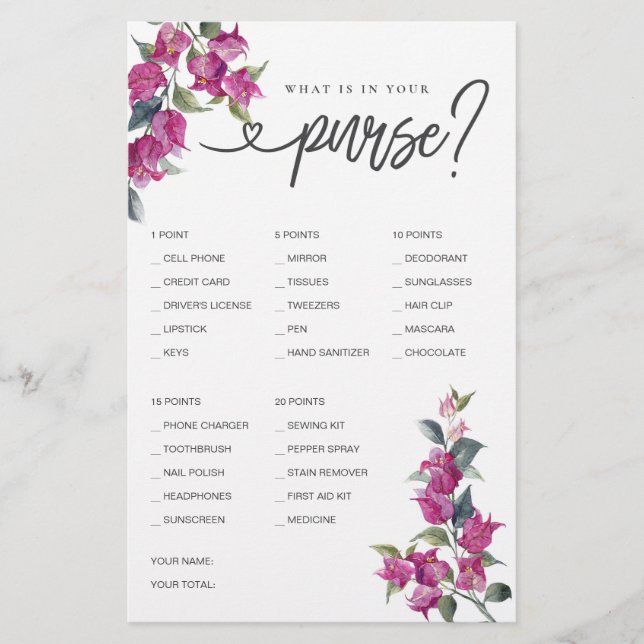  Bridal Shower Game What is in Your Purse?  (Front)