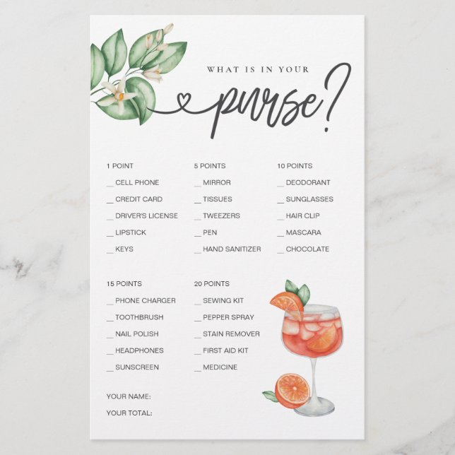 Bridal Shower Game What is in Your Purse? (Front)