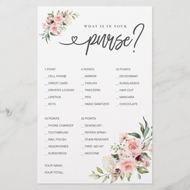  Bridal Shower Game What is in Your Purse? (Front)