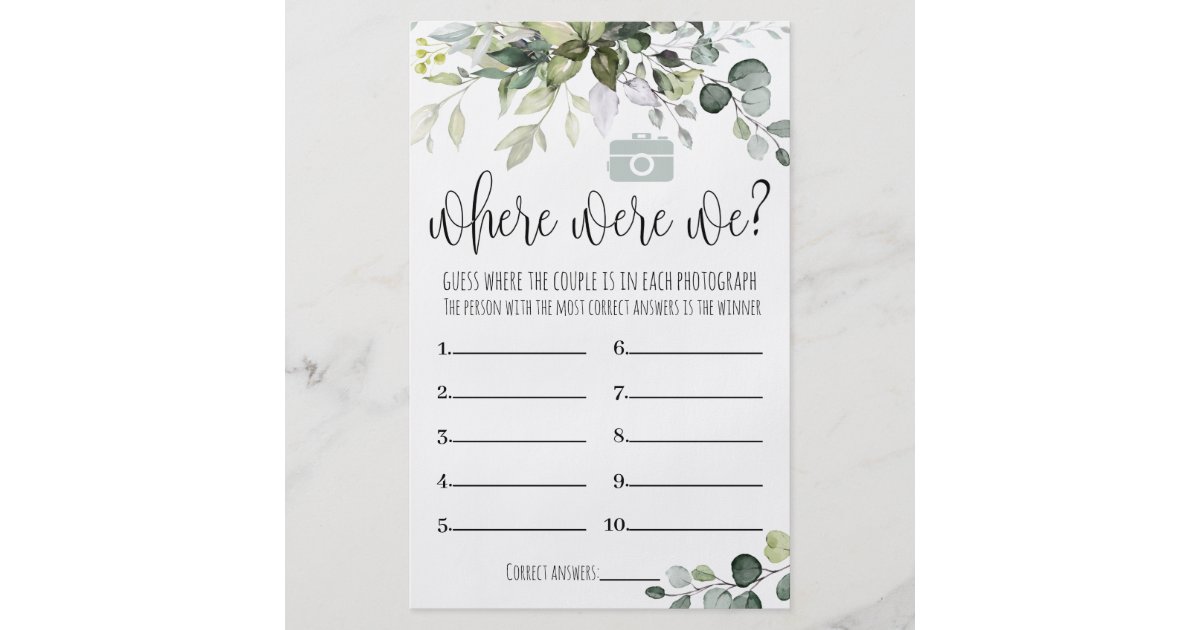 Bridal Shower Game Where Were We Card