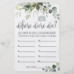 Bridal Shower Game Where Were We Card Flyer<br><div class="desc">Watercolor greenery template. Display 10 photos of the couple traveling and have the Guests guess where the couple is in each photograph. The person with the most correct answers is the winner!</div>