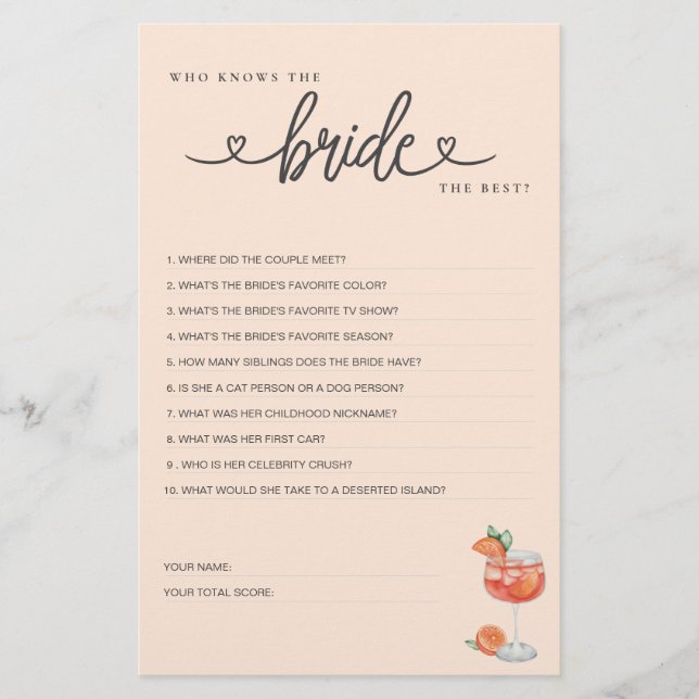 Bridal Shower Game Who Knows the Bride the Best? (Front)