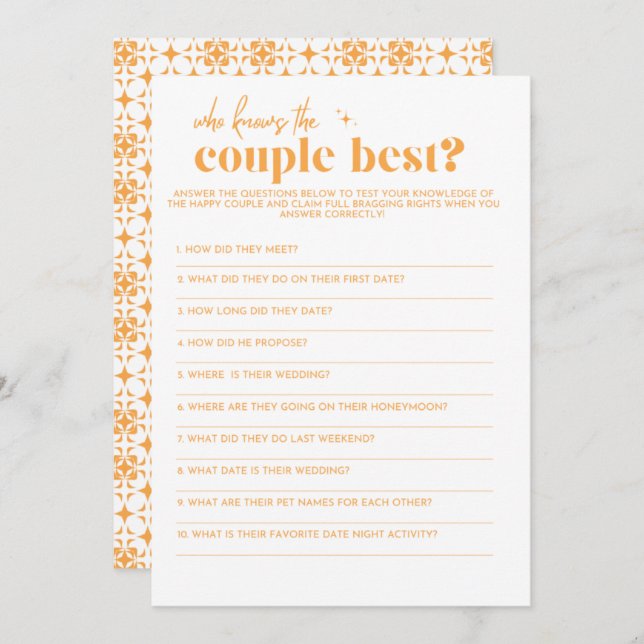 Bridal Shower Game - Who Knows the Couple Best Program (Front/Back)