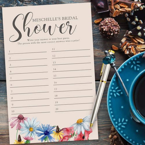 Bridal Shower Game Wildflower Charm Answer Card