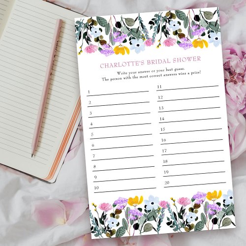 Bridal Shower Game Wildflower Lawn Answer Card