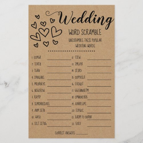 Bridal Shower Game Word Scramble Card Flyer