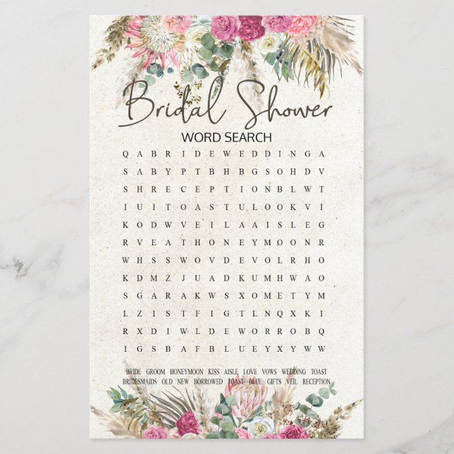 Bridal Shower Game Word Search Pastel Boho Neutral (Front)