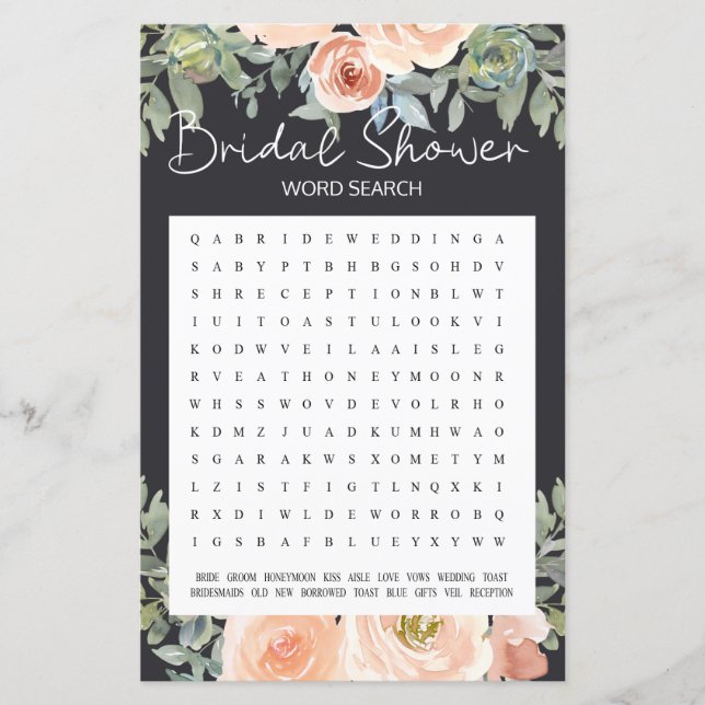 Bridal Shower Game Word Search Pastel Peach Floral (Front)