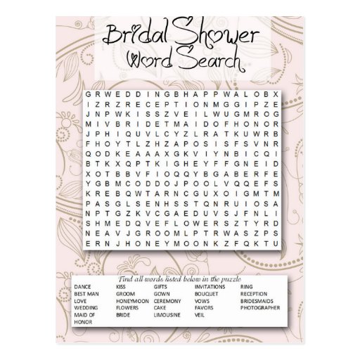 Bridal Shower game, Word SEarch Postcard | Zazzle