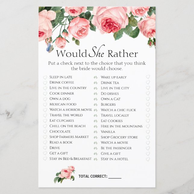 Bridal Shower Game Would She Rather Blushing Rose (Front)