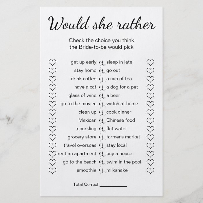 Bridal Shower Game Would She Rather Card | Zazzle.com