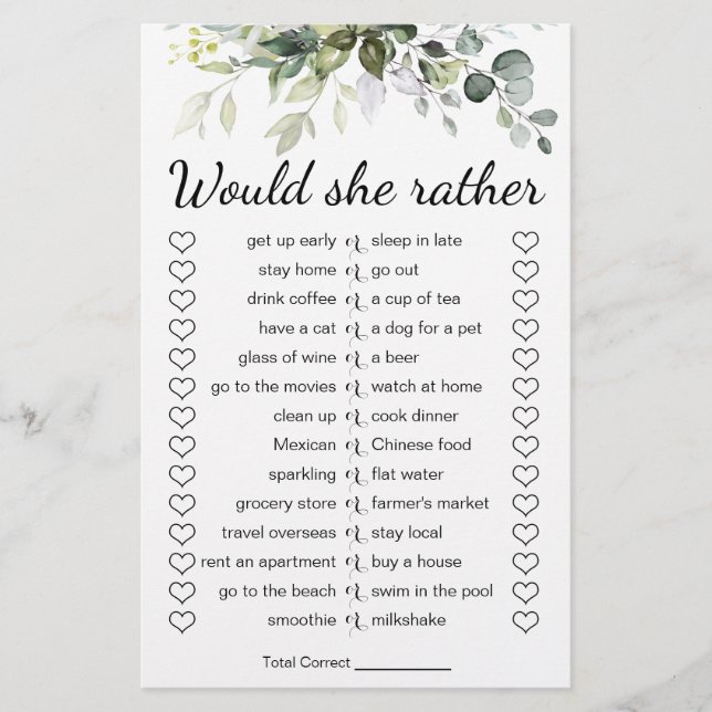 Bridal Shower Game Would She Rather Card Flyer (Front)