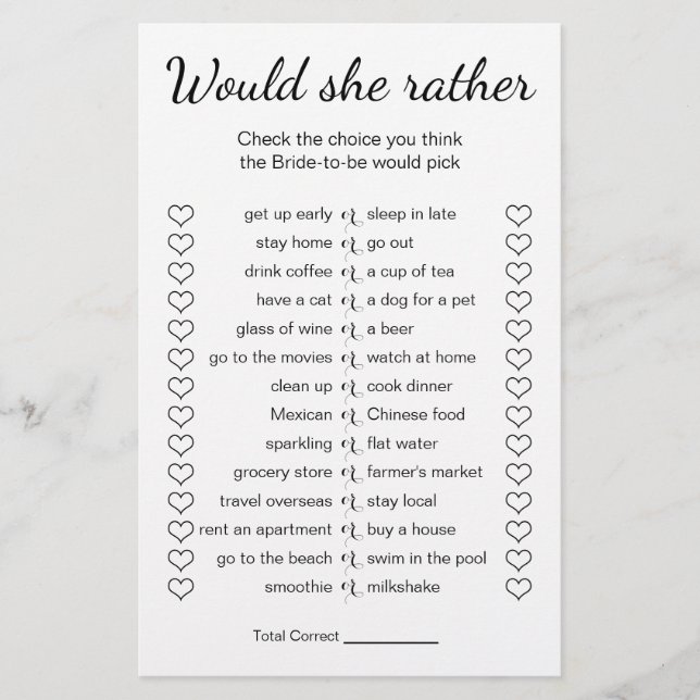 Bridal Shower Game Would She Rather Card Flyer (Front)