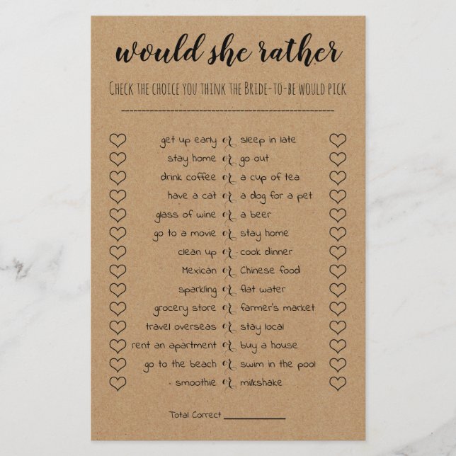 Bridal Shower Game Would She Rather Card Flyer (Front)