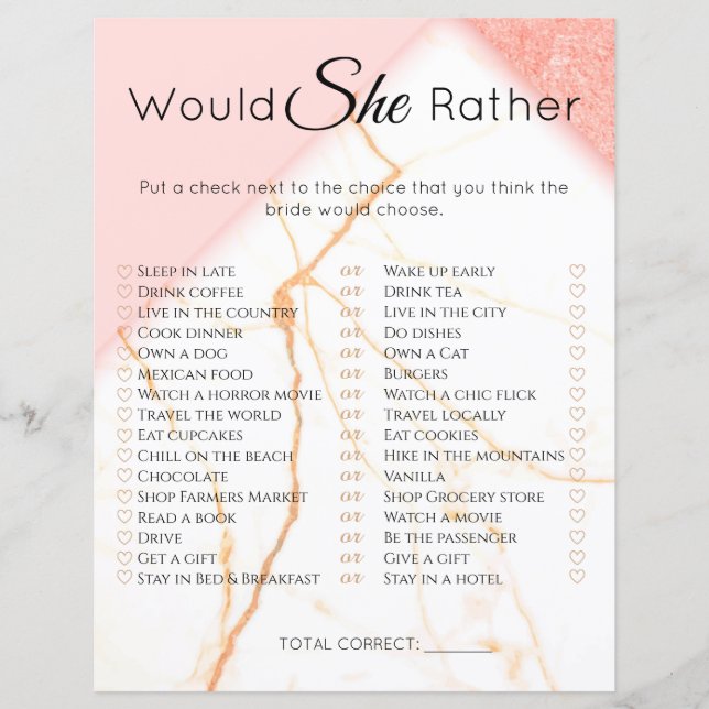 Bridal Shower Game Would She Rather Modern Marble (Front)
