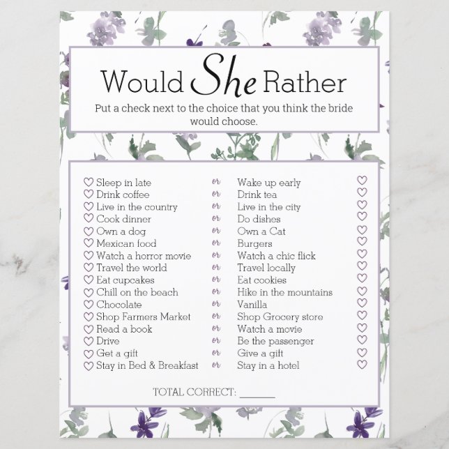 Bridal Shower Game Would She Rather Wildflowers (Front)