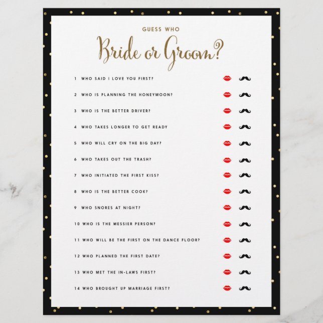 Bridal Shower Games Guess Who Bride or Groom Game (Front)