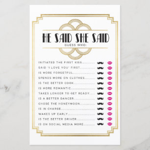 Bridal Shower Games He Said She Said Game Art Deco