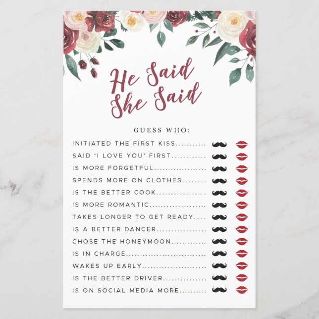 Bridal Shower Games He Said She Said Game Floral (Front)