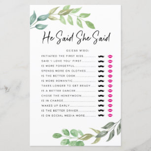 Bridal Shower Games He Said She Said Game Greenery