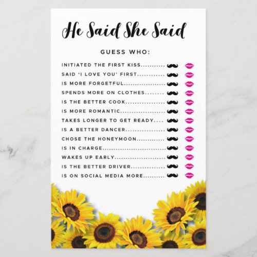 Bridal Shower Games He Said She Said Sunflower