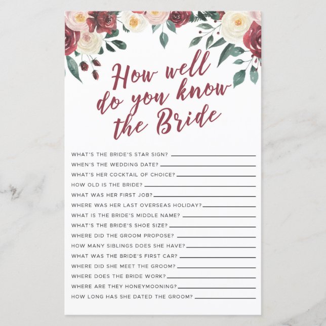 Bridal Shower Games How Well Do You Know The Bride (Front)