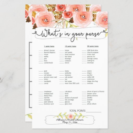 Bridal Shower Games purse / bingo, blush floral | Zazzle