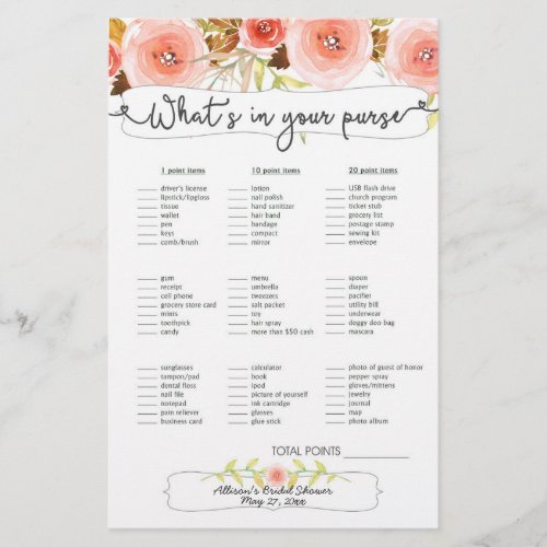 Bridal Shower Games purse  bingo blush floral