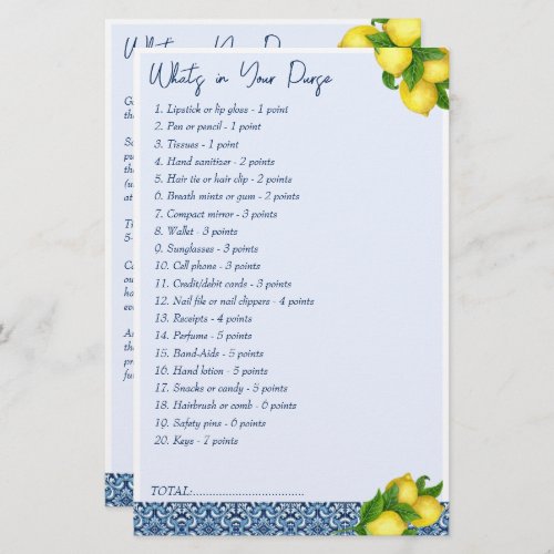 Bridal shower games Whats in your purse Stationery