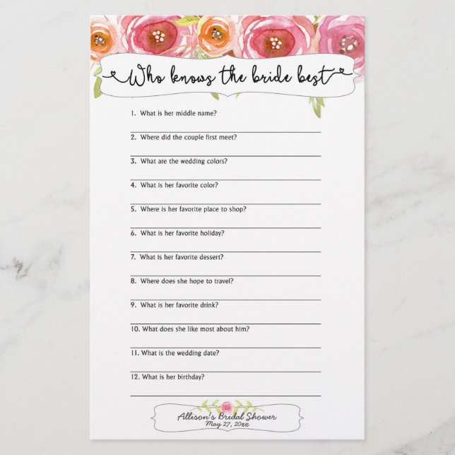 Bridal Shower Games who knows the bride best 3605 (Front)