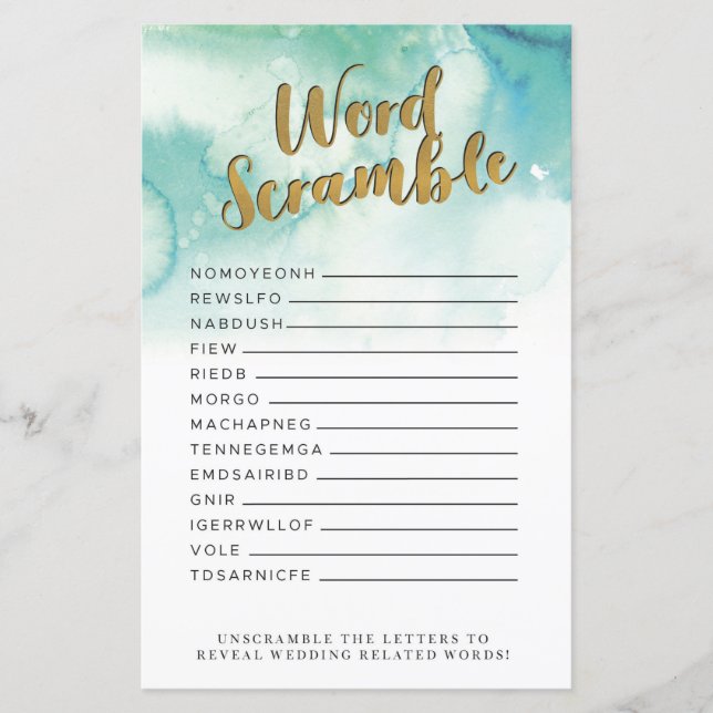 Bridal Shower Games Word Scramble Game Blue Gold (Front)