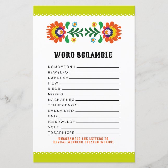 Bridal Shower Games Word Scramble Game Fiesta (Front)