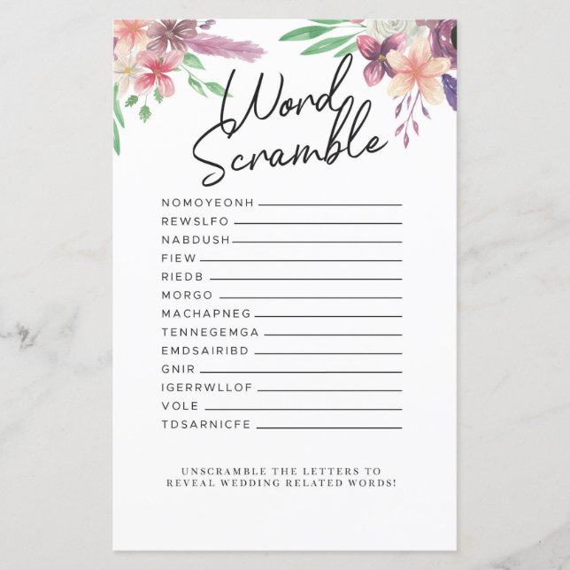 Bridal Shower Games Word Scramble Game Pink Floral (Front)