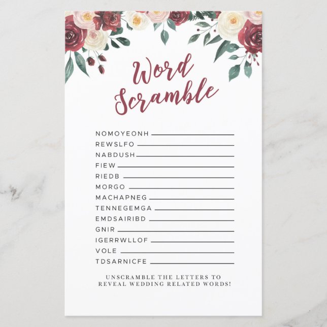 Bridal Shower Games Word Scramble Game Red Floral (Front)