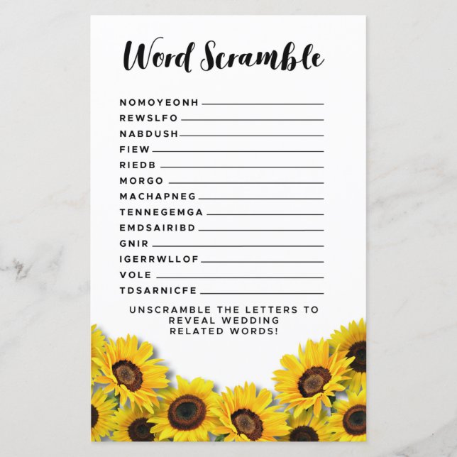Bridal Shower Games Word Scramble Game Sunflower (Front)