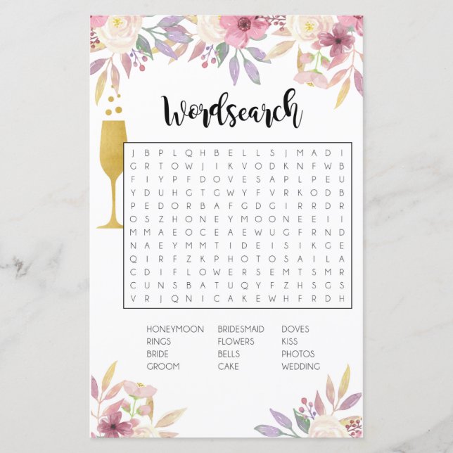 Bridal Shower Games Word Search Game Champagne (Front)