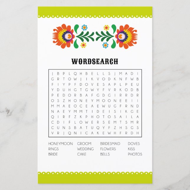 Bridal Shower Games Word Search Game Fiesta (Front)