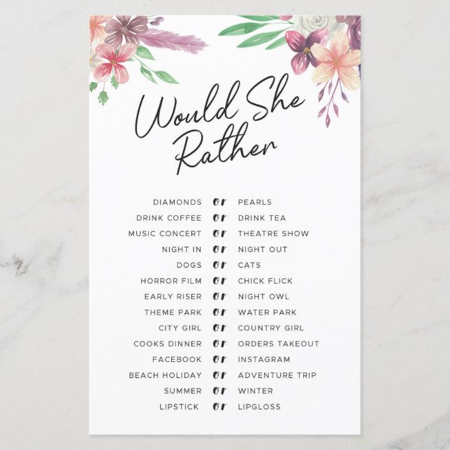 Bridal Shower Games Would She Rather Game Floral (Front)
