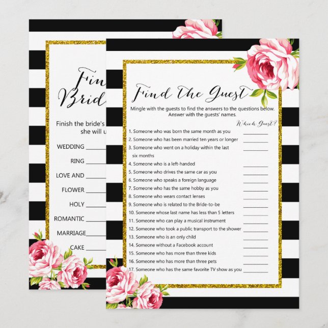 Bridal Shower Games x2 - Find Guest | Phrase Invitation (Front/Back)