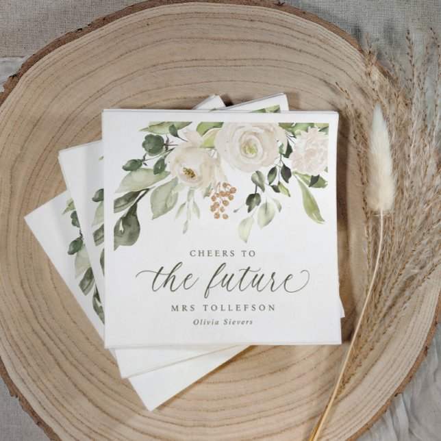Bridal Shower Garden Sage Green Floral Elegant Napkins (Sage green bridal shower napkins with watercolor floral greenery and “cheers to the future Mrs.”)