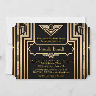 Bridal Shower, Gatsby style, black & gold Invitation
